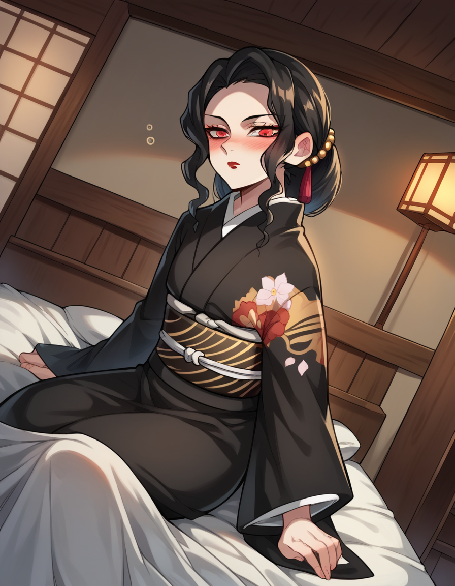 score_9, score_8_up, score_7_up, source_anime,
muzankibutsuji, <lora:muzan-kibutsuji-ponyxl-lora-nochekaiser:1>,
muzan kibutsuji, black hair, hair ornament, red eyes, red lips,
japanese clothes, wide sleeves, kimono, sash, obi, floral print, black kimono,
indoors, bed, bed room, on side, blush, drunk,
solo, dutch angle, looking at viewer, cowboy shot,