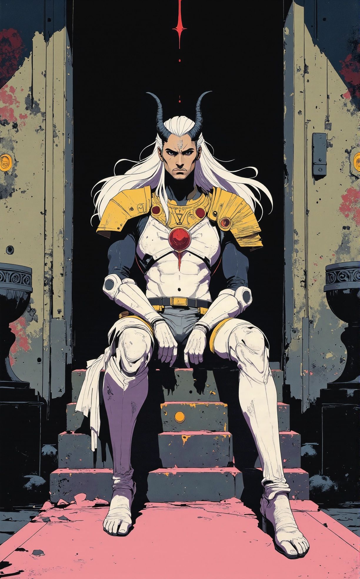 Off-center composition, extreme close-up on facial detail, The image is a digital illustration of a mythical creature sitting on a throne-like structure. The creature appears to be a man with long white hair and horns on his head. He is wearing a white and gold armor with intricate designs and patterns. His body is muscular and muscular, and he is sitting with his legs crossed and his hands resting on his knees. He has a serious expression on his face. The background is dark and ominous, with two tall pillars on either side of him. The pillars are made of stone and have intricate carvings on them. The floor is covered in a pink cloth, and the overall mood of the image is ominous and mysterious., dark and dim light, anime artwork comic watercolor art by Ken Sugimori, dark art by Nelleke Pieters, , abstract, colorful, geometric, textured, Video game art, Pokémon series, colorful characters, dynamic poses . graphic illustration, comic art, graphic novel art, vibrant, highly detailed . anime style, key visual, vibrant, studio anime, highly detailed