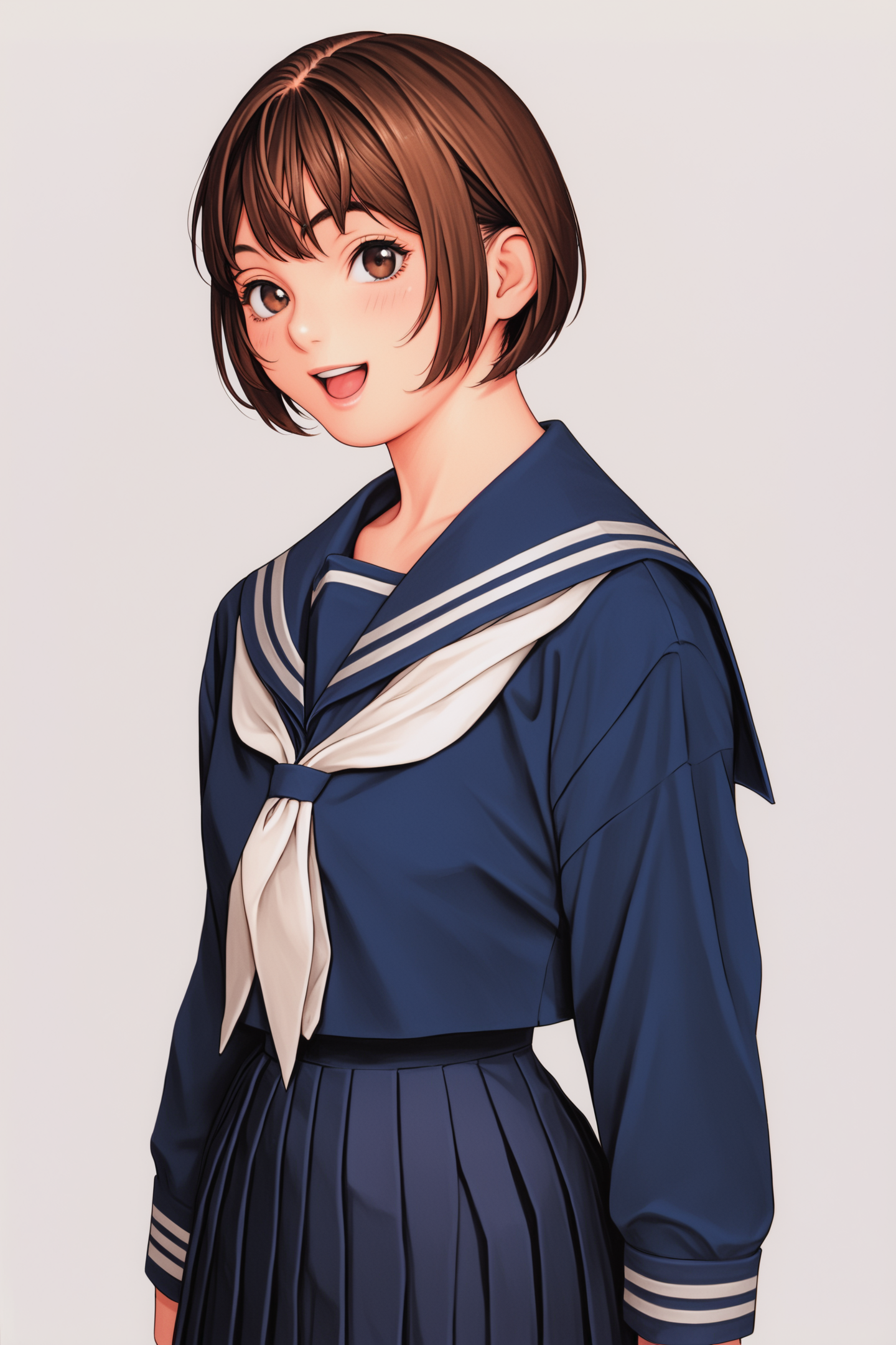 score_7up,
1girl,solo,school uniform,serafuku,brown hair,short hair,smile,brown eyes,skirt,simple background,white background,looking at viewer,neckerchief,long sleeves,pleated skirt,blue serafuku,white neckerchief,sailor collar,bob cut,open mouth,
<lora:Tsukasa Jun_PONY_XL:1>,
