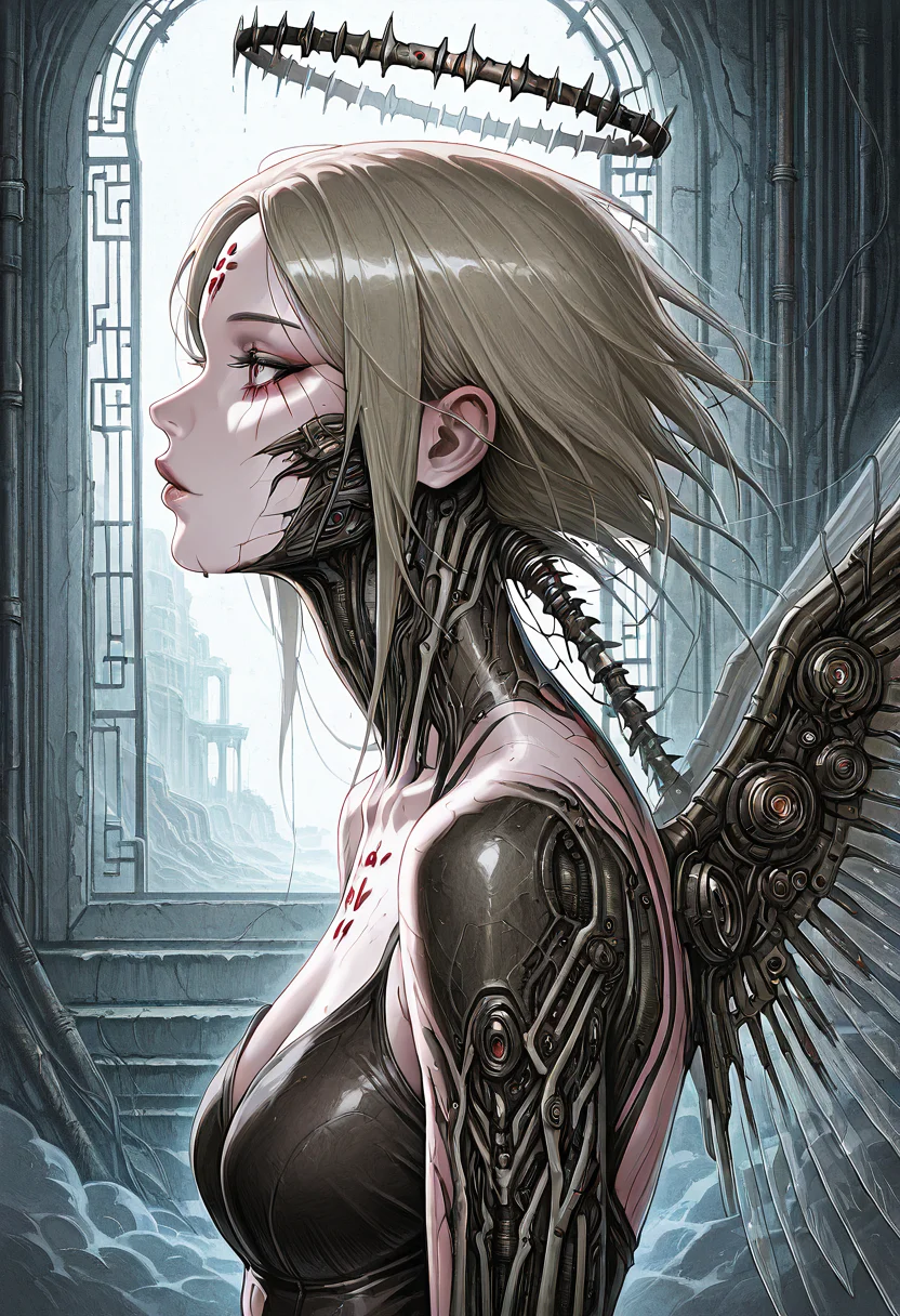 detailed eyes, detailed eyes, best quality, amazing quality, detailed eyes,, high-angle, AGM-Illu, (masterpiece, best quality, ultra-detailed, hyper-realistic, professional, cinematic lighting, rim lighting, soft shadows, film-style contrast, dramatic light), side view, (very AWA)
cybernetic war-angel, biomechanical horror, dystopian sci-fi, post-apocalyptic ruins, industrial decay, (half-machine, half-divine enforcer), skeletal mechanical frame, decayed wires, synthetic wings, metallic bone, flickering energy membranes, cracked halo of broken circuits, sparking electricity, eroded flesh, machine plating, AI war aftermath, ruined battlefield, mechanical ghosts, cybernetic ruin, atmospheric horror