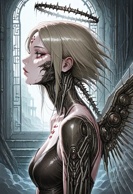 detailed eyes, detailed eyes, best quality, amazing quality, detailed eyes,, high-angle, AGM-Illu,  (masterpiece, best quality, ultra-detailed, hyper-realistic, professional, cinematic lighting, rim lighting, soft shadows, film-style contrast, dramatic light), side view, (very AWA)
cybernetic war-angel, biomechanical horror, dystopian sci-fi, post-apocalyptic ruins, industrial decay, (half-machine, half-divine enforcer), skeletal mechanical frame, decayed wires, synthetic wings, metallic bone, flickering energy membranes, cracked halo of broken circuits, sparking electricity, eroded flesh, machine plating, AI war aftermath, ruined battlefield, mechanical ghosts, cybernetic ruin, atmospheric horror