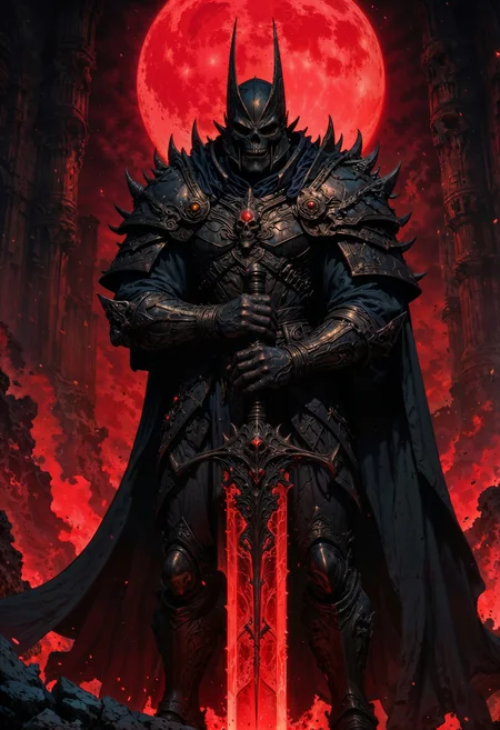 a dark, fantasy-themed style. The layout is vertical, dominated by a central figure clad in intricate, spiked armor, holding a large, ornate sword. The figure's face is obscured by a skull-like helmet, adding to the menacing appearance. The armor is detailed with sharp edges and dark metallic hues. The sword is massive, with a glowing red blade that matches the fiery red moon in the background, casting an ominous glow over the scene. The background is filled with swirling dark shadows and red embers, enhancing the dramatic and intense atmosphere. The overall color palette is dominated by deep blacks and vibrant reds, creating a stark contrast that emphasizes the dark fantasy theme.