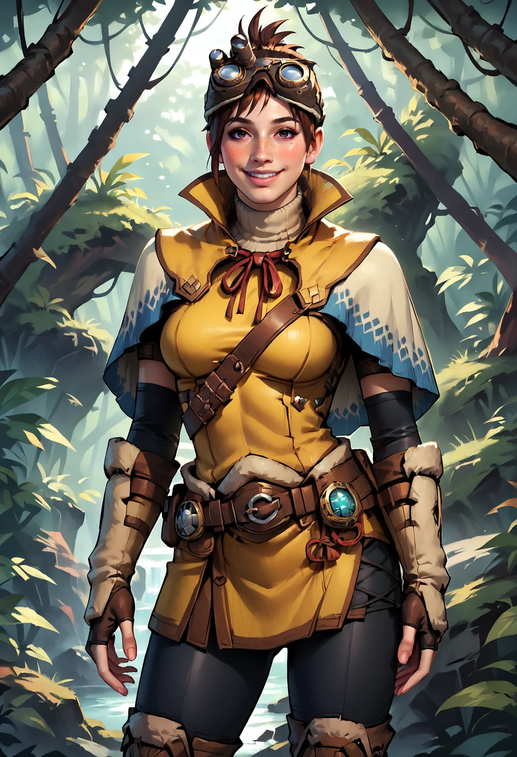 score_9, score_8_up, score_7_up, score_6_up, score_5_up, score_4_up, rating_safe, 1girl, breasts, solo, MHWHandler, looking at viewer, blush, smile, jungle forest, huge trees, brown hair, freckles, HandlerDefaultOutfit, goggles on head, capelet, black pants, yellow vest, brown boots, fingerless gloves
<lora:The_Handler_Monster_Hunter_World_PONY:0.8>