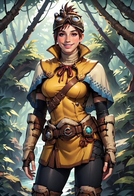 score_9, score_8_up, score_7_up, score_6_up, score_5_up, score_4_up, rating_safe, 1girl, breasts, solo, MHWHandler, looking at viewer, blush, smile, jungle forest, huge trees, brown hair, freckles, HandlerDefaultOutfit, goggles on head, capelet, black pants, yellow vest, brown boots, fingerless gloves
<lora:The_Handler_Monster_Hunter_World_PONY:0.8>