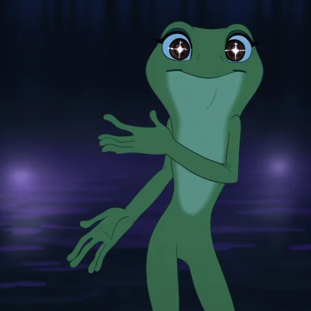 Tiana (Frog), solo, 1girl, female, frog, standing, brown eyes, eyeliners, looking at viewer, smiling, night, purple lighting, sparkling eyes, swamp background,