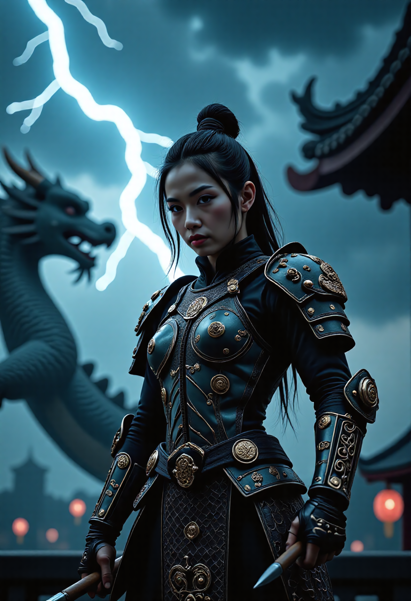 Amidst a storm-laden sky with a severe lightning storm, a Chinese warrior stands ready, her ancient ceremonial armor. A Chinese_dragon is in the background peering over her shoulder at the viewer, scales shimmering with each lightning flash, her companion.  Her pose, tall and proud, exudes strength and confidence as she wields her spear, ready to face any challenge. The armor, a masterpiece of craftsmanship, accentuates her lithe yet muscular figure, its intricate details highlighted by the dramatic lighting.   This scene, with its vibrant colors and high contrast, portrays a powerful woman, a force to be reckoned with, leaving viewers in awe of her beauty, strength, and the ancient traditions she embodies.    <lora:flux/Magic of Art  2  (FLUX):1> Cinematic style, Beauty, Realism, Photorealism, Chiaroscuro, High quality,  <lora:flux/aidmaImageUpgrader-FLUX-V0.2:1>, aidmaimageupgrader, realistic, <lora:flux/The beauty of realism (FLUX):1>, realism, chiaroscuro, cinematic quality, rays of light, play of shadow and light,