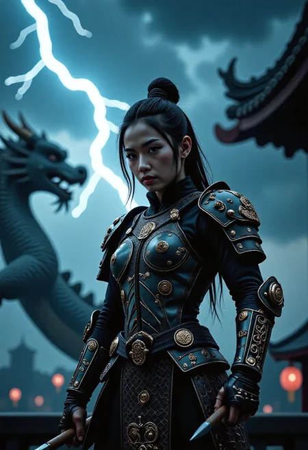 Amidst a storm-laden sky with a severe lightning storm, a Chinese warrior stands ready, her ancient ceremonial armor. A Chinese_dragon is in the background peering over her shoulder at the viewer, scales shimmering with each lightning flash, her companion. Her pose, tall and proud, exudes strength and confidence as she wields her spear, ready to face any challenge. The armor, a masterpiece of craftsmanship, accentuates her lithe yet muscular figure, its intricate details highlighted by the dramatic lighting. This scene, with its vibrant colors and high contrast, portrays a powerful woman, a force to be reckoned with, leaving viewers in awe of her beauty, strength, and the ancient traditions she embodies. <lora:flux/Magic of Art 2 (FLUX):1> Cinematic style, Beauty, Realism, Photorealism, Chiaroscuro, High quality, <lora:flux/aidmaImageUpgrader-FLUX-V0.2:1>, aidmaimageupgrader, realistic, <lora:flux/The beauty of realism (FLUX):1>, realism, chiaroscuro, cinematic quality, rays of light, play of shadow and light,