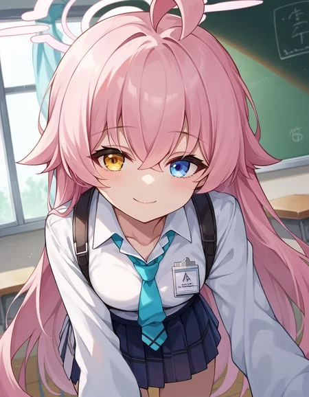 score_9, score_8_up, score_7_up, source_anime,
hoshinotakanashi, <lora:hoshino-takanashi-ponyxl-lora-nochekaiser:1>,
hoshino takanashi, ahoge, halo, long hair, pink hair, yellow eyes, very long hair, blue eyes, heterochromia,
fingerless gloves, gloves, necktie, pleated skirt, school uniform, skirt, long sleeves, shirt, white shirt, collared shirt,
indoors, classroom, bent over, smile,
looking at viewer, cowboy shot, dutch angle,
