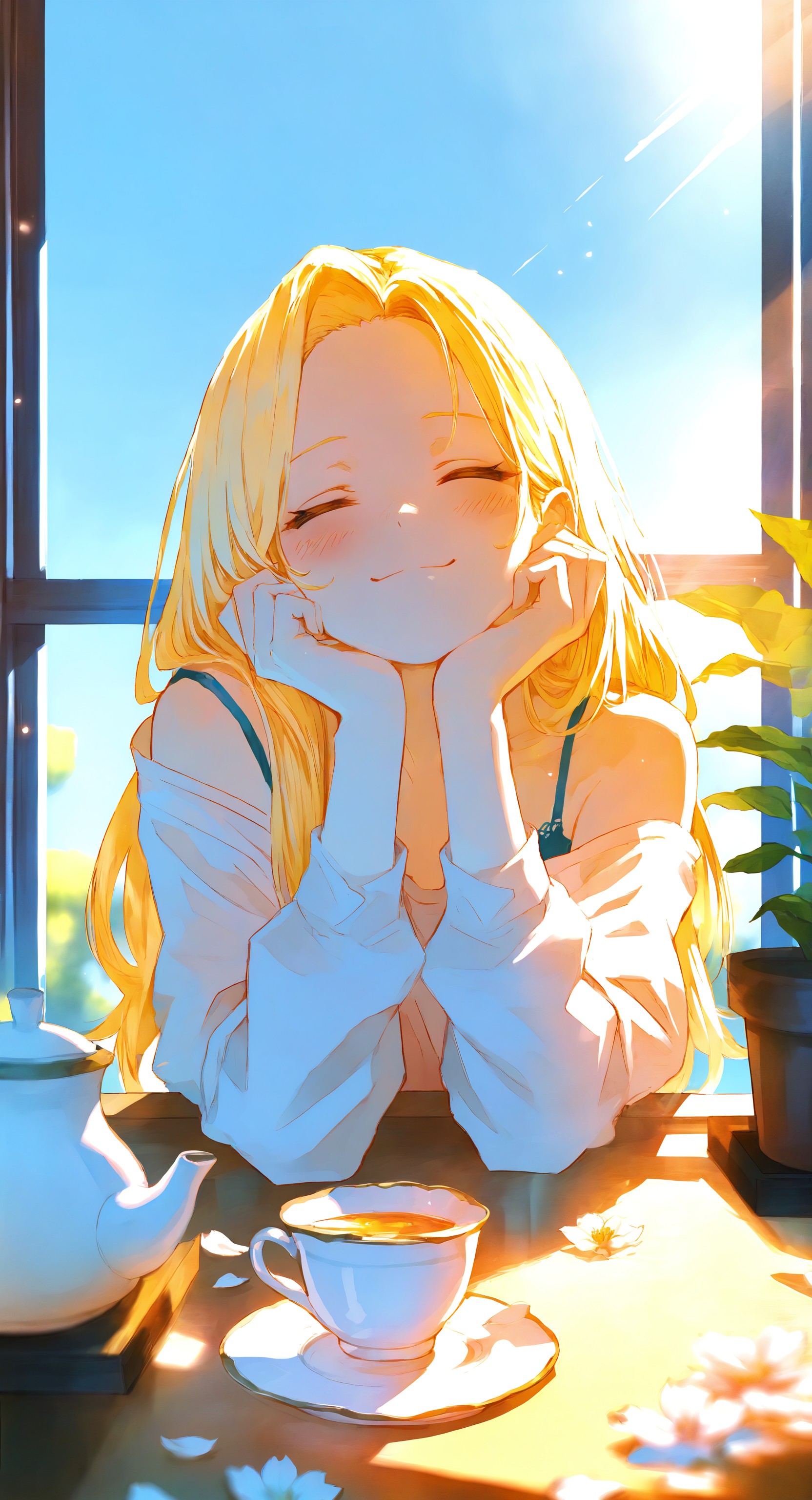 masterpiece, best quality, Good quality, very aesthetic, absurdres, newest, 1girl, solo, long hair, blush, smile, shirt, blonde hair, long sleeves, closed mouth, bare shoulders, sitting, upper body, closed eyes, flower, sky, day, off shoulder, blurry, blue sky, cup, petals, window, happy, table, sunlight, plant, facing viewer, light particles, forehead, backlighting, teacup, head rest, off-shoulder shirt, spaghetti strap, potted plant, hands on own face, falling petals, teapot, saucer, hands on own cheeks, bra strap, elbow rest, flower pot, elbows on table, windowsill, pov across table <lora:spo_sdxl_10ep_4k-data_lora_webui:1> <lora:ponyv5_noobV065S_1_adamW-000013:0.7> <lora:MeMaXL4:0.6> <lora:GBF_Illustrious:0.6> <lora:748cmSDXL:0.8>