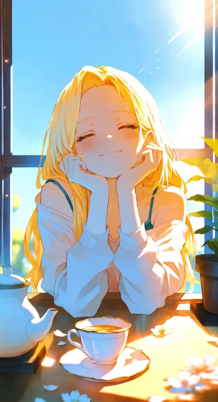 masterpiece, best quality, Good quality, very aesthetic, absurdres, newest, 1girl, solo, long hair, blush, smile, shirt, blonde hair, long sleeves, closed mouth, bare shoulders, sitting, upper body, closed eyes, flower, sky, day, off shoulder, blurry, blue sky, cup, petals, window, happy, table, sunlight, plant, facing viewer, light particles, forehead, backlighting, teacup, head rest, off-shoulder shirt, spaghetti strap, potted plant, hands on own face, falling petals, teapot, saucer, hands on own cheeks, bra strap, elbow rest, flower pot, elbows on table, windowsill, pov across table <lora:spo_sdxl_10ep_4k-data_lora_webui:1> <lora:ponyv5_noobV065S_1_adamW-000013:0.7> <lora:MeMaXL4:0.6> <lora:GBF_Illustrious:0.6> <lora:748cmSDXL:0.8>