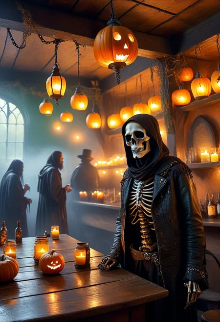 Ultra realism, high quality, high resolution 8K and above, stable and accurate focus, ultra correct anatomy, super detail. In the world of the dead, rockers celebrate Halloween in a spooky rock pub. The pub is lit by flickering candles and pumpkins with carved faces that glow like lanterns. The walls are covered in cobwebs and skulls, and metal chains and skeletons hang from the ceiling. The rockers are dressed in skeleton costumes, with beards and mustaches, and wear leather jackets with metal spikes. They play electric guitars and sing while drinking from large beer mugs. Ghostly figures can be seen in the corners of the pub watching over the celebration. A mist covered the floor, giving the scene an eerie feel.
Colors: Orange, black, purple, navy blue, green.
Objects: Pumpkins, broomsticks, bats, cobwebs, cauldrons, skeletons, grid cells, lanterns, skulls and bones, Gothic style.
Emotions: Horror, fear, excitement.
Atmosphere: Dark, mysterious, exciting, as if we are in the world of the dead.
Styles: Realistic, Gothic, Rock Metal style.
Additional elements: Mist that covers the floor, enhancing the eerie feeling; old, creaky wooden signs with ghostly inscriptions; flickering candle lights in the pumpkins casting dancing shadows; and ghostly figures appearing in the distance watching from the shadows.