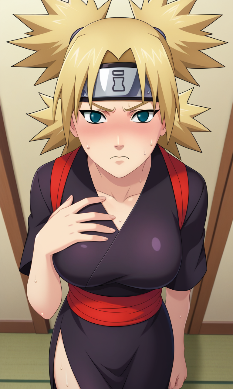 game cg,
pov, from above, hand on own chest,standing,
BREAK
tmrshippuden, 1girl, solo, looking at viewer, quad tails, forehead protector, no pupils,
black kimono, red sash, side slit, long slit, short sleeves,breasts,
blush, sweat,frown, 
simple background,
<lora:Naruto_TemariShippuden_PXL-000018:1>