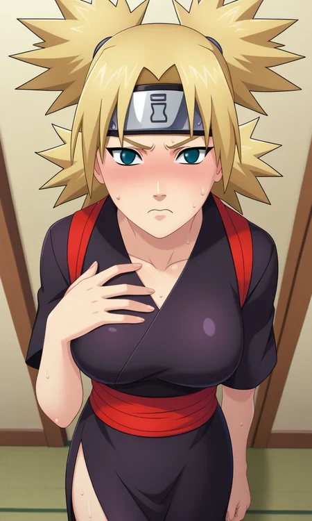 game cg,
pov, from above, hand on own chest,standing,
BREAK
tmrshippuden, 1girl, solo, looking at viewer, quad tails, forehead protector, no pupils,
black kimono, red sash, side slit, long slit, short sleeves,breasts,
blush, sweat,frown,
simple background,
<lora:Naruto_TemariShippuden_PXL-000018:1>
