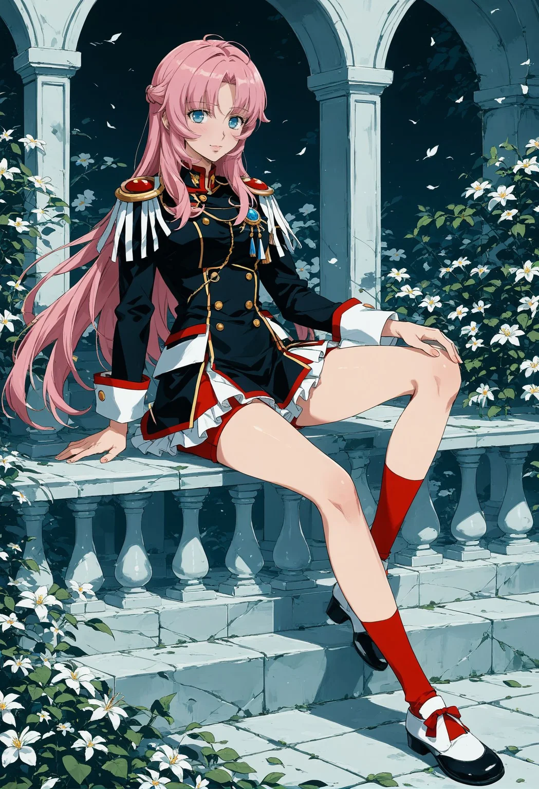 score_9, score_8_up, score_7_up, best quapoty, highres, absurdres, source_anime, 1girl, Utena, <lora:Utena:0.8>, black dress, short dress, long sleeves, red shorts, epaulettes, aiguillette, red socks, shoes, Resting on a mossy rock by a babbling brook, she listens to nature's symphony with a serene expression