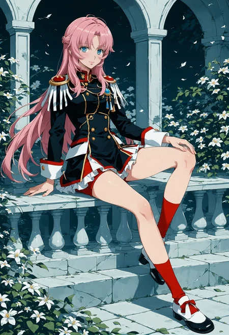score_9, score_8_up, score_7_up, best quapoty, highres, absurdres, source_anime, 1girl, Utena, <lora:Utena:0.8>, black dress, short dress, long sleeves, red shorts, epaulettes, aiguillette, red socks, shoes, Resting on a mossy rock by a babbling brook, she listens to nature's symphony with a serene expression