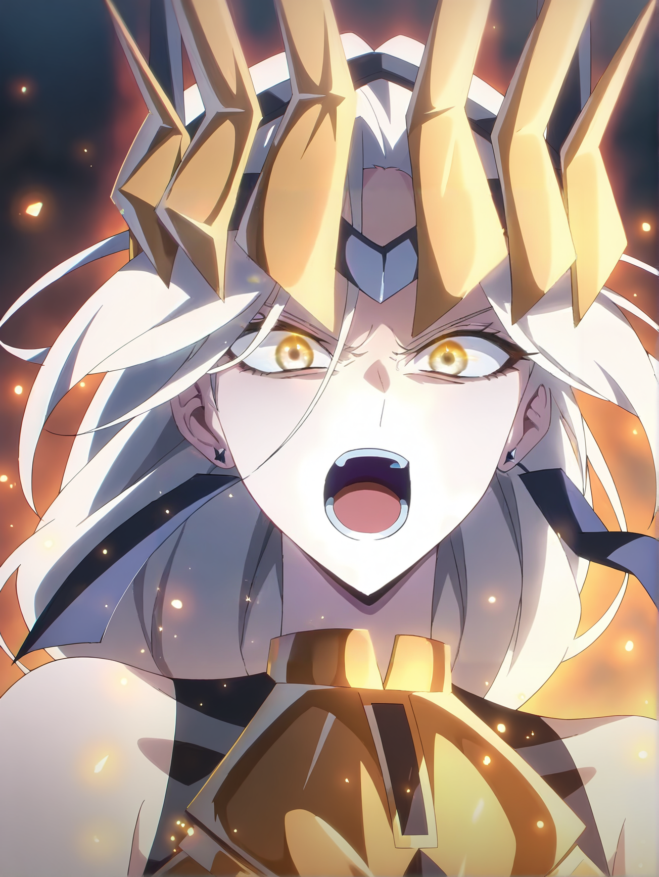 <lora:Queen:0.8>queen, 1girl, solo, white long braided hair, yellow eyes, black hanafuda earrings, gold crown, gold armor, bare shoulders, gold breastplate, frowning, glare, furious, mad, rage, open mouth, low angle, looking at viewer, portrait, particles, glowing effects, ice particles