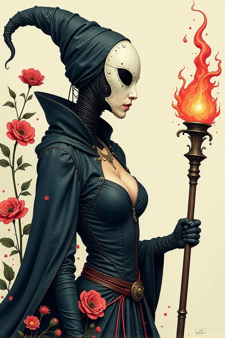 Anna Dittmann style character,digital illustration of a female plague doctor, biomechanical, in a thick line hand-drawn style,watercolor,flowery background, rough, minimalism, side view image,comic art, white plague doctor mask, glowing magical staff finished by Kay Nielsen, opaque paint, mysterious, sexy rococo cleavage, mysteriousâââ