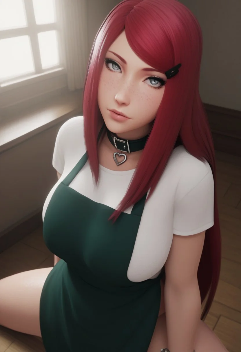 score_9, score_8_up, score_7_up, realistic,
intimidate ambiance, dim lighting, ((adult))), focus on face, portrait, looking at viewer , from above, 25 years old,<lora:kushina-uzumaki-shippuden-anime-ponyxl-lora-nochekaiser_r1:1>, kushina, long hair, hair ornament, red hair, hairclip, grey eyes, swept bangs, shirt, dress, jewelry, white shirt, short sleeves, apron, bracelet, green apron, collar, large breasts, zPDXL3, 1woman, adult, voluptuous body, body freckles, dark skin, breasts, face, eyes, naughty look, spread legs, kneeling, arched back, raised sexy, posing, nsfw, seductive, indoors, house, bedroom, window