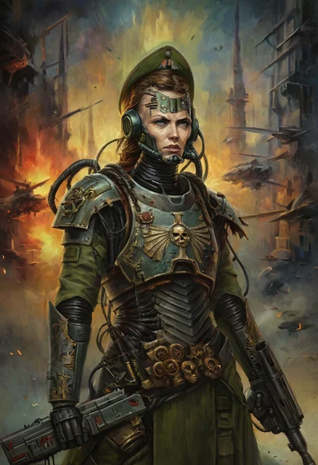 w4rh4mm3r style oil painting, intricate, grimdark,, detailed, retro military infantry commander, female, damaged battle armor, nuclear cyberspace background