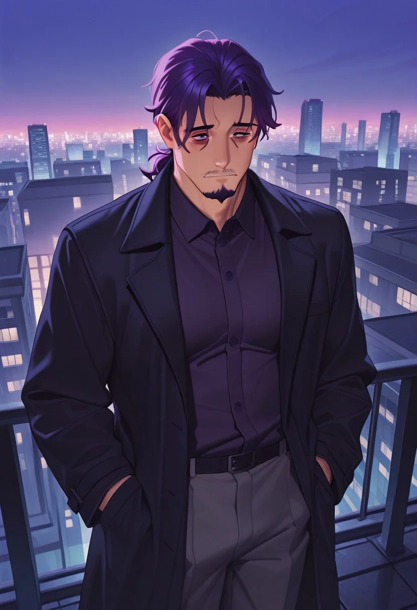 1boy, mbti_intp, mature man, purple eyes, droopy eyes, eye bags, tied hair, goatee, standing on a rooftop overlooking a vibrant city at dusk, wearing a stylish dark coat, hands in pockets, gazing thoughtfully at the cityscape, cool blue and purple hues, subtle streetlights, a sense of quiet confidence, aesthetically striking