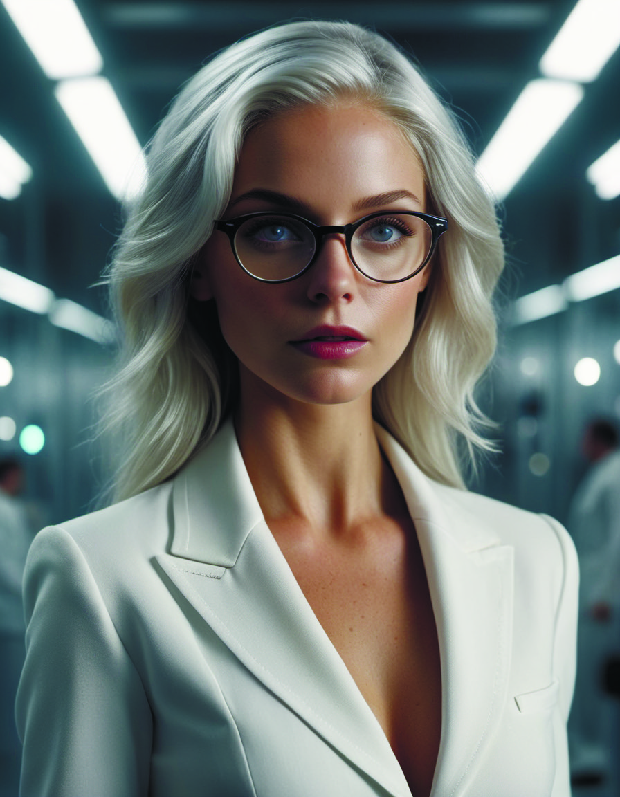 a portrait of a beautiful woman with silver hair,wearing white suit and glasses,standing inside a research facility,character art,key visual,official media,illustrated by wlop,intricate details,8k,cinematic lighting,beautiful,<lora:add-detail-xl:1.6> crystalz <lora:crystalz-sdxl:0.7> by Director Ridley Scott style <lora:Director Ridley Scott style:0.6>