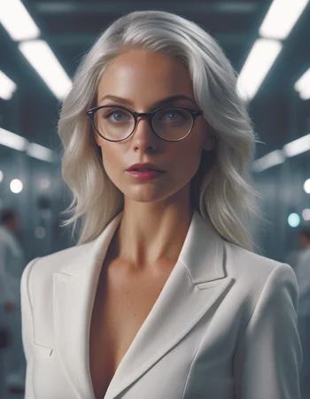 a portrait of a beautiful woman with silver hair,wearing white suit and glasses,standing inside a research facility,character art,key visual,official media,illustrated by wlop,intricate details,8k,cinematic lighting,beautiful,<lora:add-detail-xl:1.6> crystalz <lora:crystalz-sdxl:0.7> by Director Ridley Scott style <lora:Director Ridley Scott style:0.6>