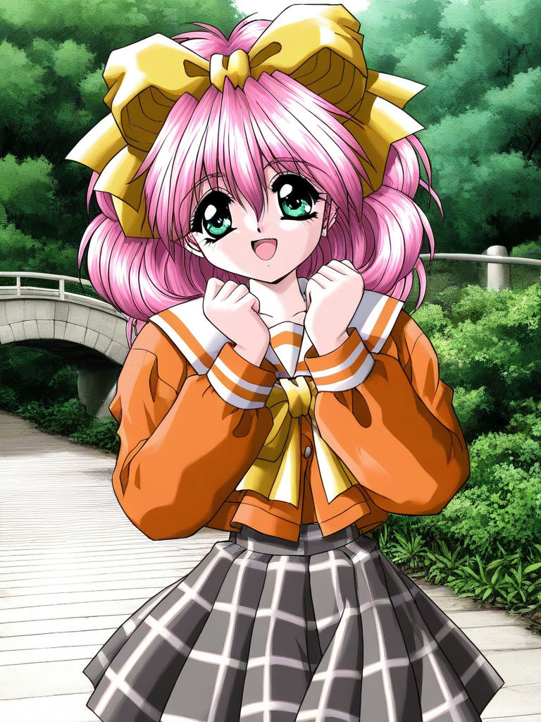 general,highres, ultra-detailed,very aesthetic,best quality ,best hands, BREAK <lora:Kanzaki_Suzu_Akumu_AoiKajitsunoSange_IS:1>
Kanzaki_Suzu, 1girl, solo, pink hair, medium hair, yellow bow, green eyes, hair bow, short,
orange school uniform, gray plaid skirt, white and black skirt, 
smile, open mouth,
scenery, outdoors, plant, natural, bridge,