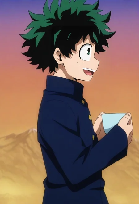 masterpiece, best quality, intricate details, anime screencap, anime coloring, official style, looking at viewer, , 1boy, solo, male focus, <lora:izuku_midoriya_ilxl:1>, izuku_midoriya, green hair, green eyes, short hair, profile, snowy mountain, dusk, holding object, :D,