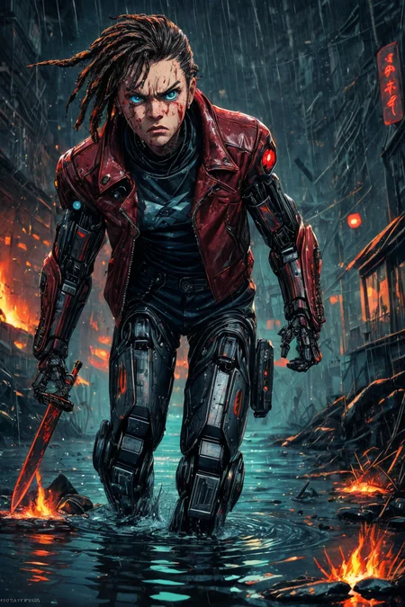 (RAW photo, 8k uhd, Analog style, Masterpiece, Best Quality, Highres:1.4), (dramatic, cinematic:1.2), BREAK,
movie shot of (african:1.3) female (cybernetic:1.4) (android:1.3), (intricate:1.15) (red:1.3) (leather coat, shorts, hoodie:1.3), (dirty:1.1), (tattoos:1.2), (dreadlocks:1.2), glowing (big blue eyes:1.1), (blood, wounds:1.2), front view, (angry:1.2) (frown:1.2) furious face, looking at viewer, (mechanical arms:1.2) (holding sword knife:1.27), (running:1.2) pose, going waist deep in dirty (water:1.4), (dark skin:1.3), BREAK,
(overgrown:1.1), detailed (cyberpunk:1.2) japanese (futuristic city:1.3), (spaceport ruins:1.1), (cloudy sky:1.1), (rain:1.3), (ripples:1.1), (thunderstorm:1.25), (raindrops:1.1), tears, (reflective:1.1) water, trash, (neon lights:1.1), (fire, explosion:1.3), (sparkles, fire, splashes:1.15), (colorful:1.1) fog, (photorealistic:1.1), (low point:1.1), (cyberpunk, sci-fi, action movie scene:1.3), (intricate:1.2), (bloody:1.1), (gloomy:1.1), BREAK,
<lora:more_details:0.9>,
<lora:emotion_angry_slider_v1:1.45>,
<lora:zoom_slider_v1:2.75>,