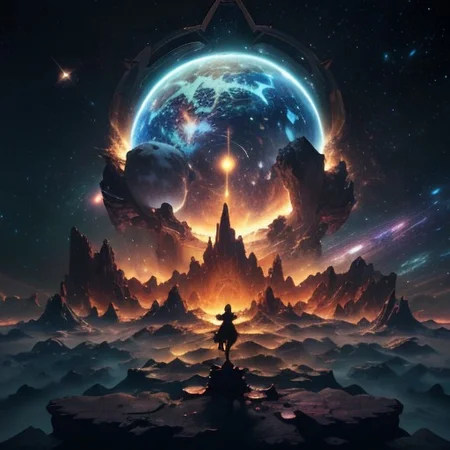 In the vast emptiness of the interstellar void, crystal cat omnipotent deities from separate dimensions collide. The Creator, a deity whose face is an ever-evolving canvas of galaxies and life, wields the power of creation, bringing forth stars, planets, and life forms with a wave of their hand. Opposite them stands the Destroyer, a god whose face is a shifting visage of decay and entropy, wielding the power of destruction, disintegrating celestial bodies and extinguishing stars. The clash of creation and destruction is a cosmic spectacle, with galaxies being born and dying in the wake of their unimaginable powers. highest quality, enhanced quality, creative, beautiful, vibrant, masterpiece, 8k, amazing details, amazing quality, amazing artist, sharp edges, detailed textures, full view, atmospheric lighting, amazing visuals, crystals fantasy, crystals, crystal, bg_imgs, cyberpunk, neon lights, science fiction, view from above,