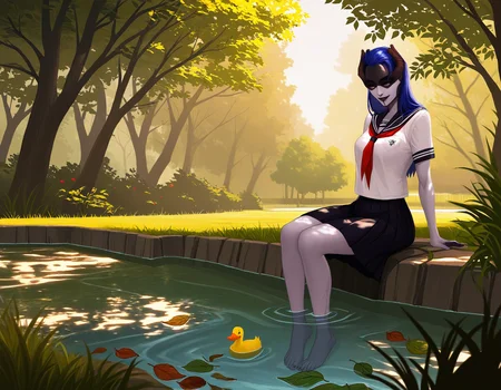 safe, masterpiece, very aesthetic, park, grass, pond, ducks, tree, dappled sunlight, leaf
BREAK 1girl, proximamcu, colored skin, school uniform, sitting, happy, relaxing, feet in water
<lora:ProximaMidnight-MCU_NAIXL_v10-000030:1>