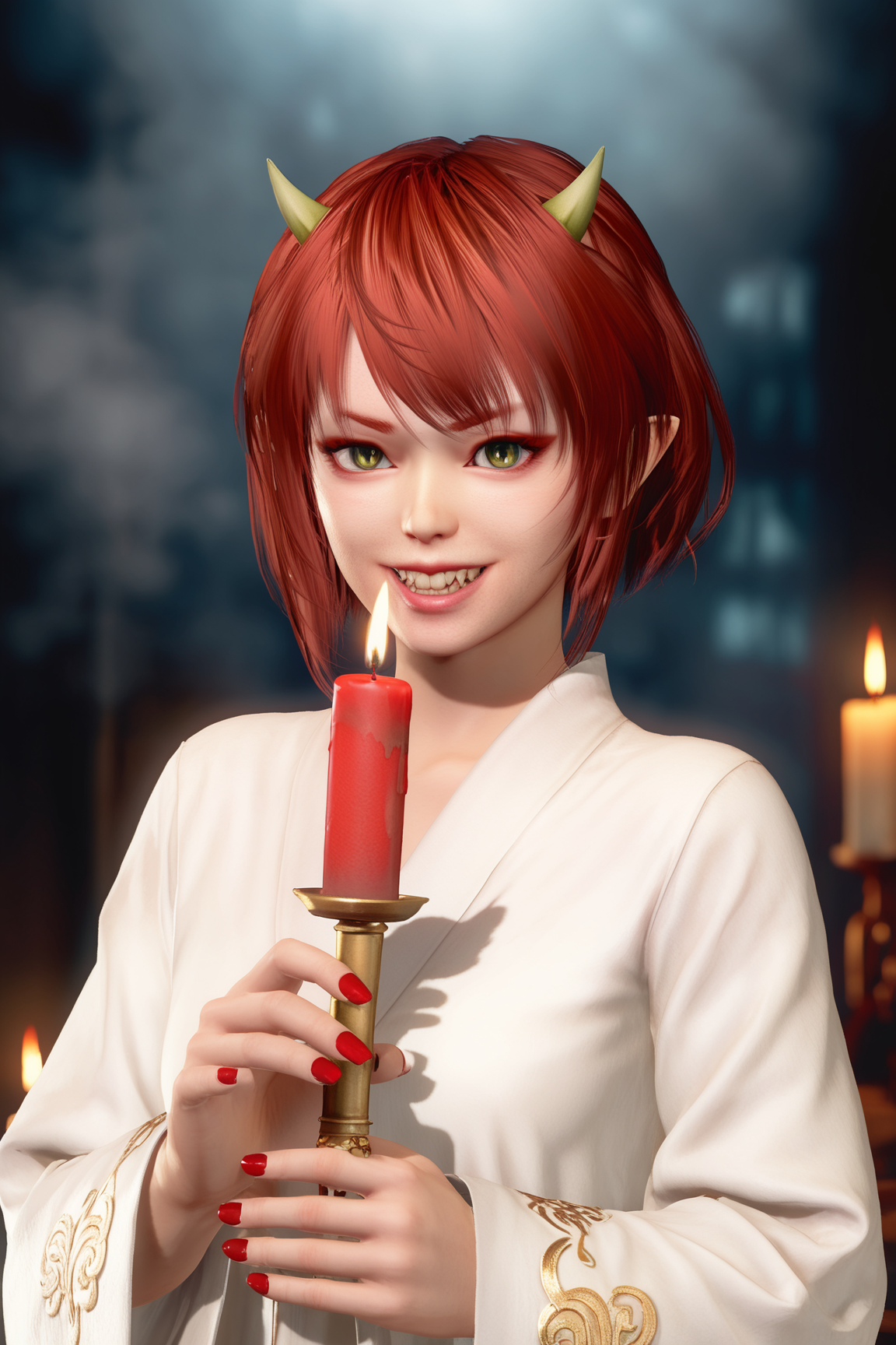 score_9,score_8,score_7_up,ultra detailed,realistic,high_contrast,  short hair, bob_cut,hair over one eye,blunt_bangs,  kanna \(doa\), 1girl, oni, red hair, oni horns, v-shaped eyebrows, red eyebrows, green eyes, slit pupils, black eyelashes, red eyeliner, pointy ears,blood_on_face, fangs_out, sharp_teeth, red nails,nail_polish,  flat chest, small breasts, white robe,white kimono,intricate gold embroidery, gold trim detailing, luxurious textile, flowing wide sleeves,  blood_on_clothes,  holding candle,looking at viewer,wide-eyed,fangs,crazy_grin,   upper body,front view, candle light,cinematic lighting,hdr,horror_\(theme\),fog, blur background,abandoned tomb,    <lora:doa_kanna_pdxl_v11:0.9000000000000001>