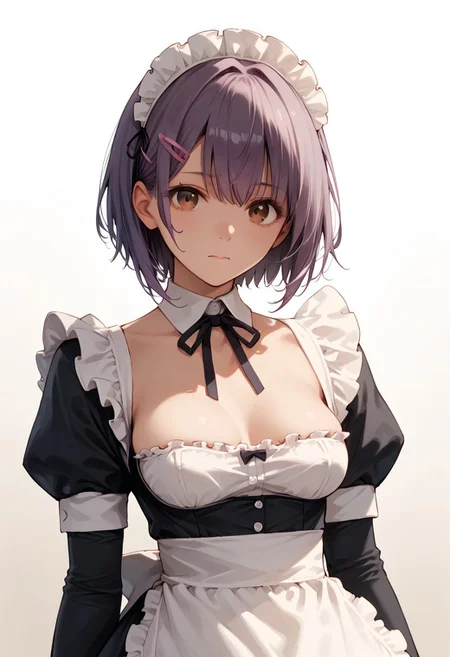 score_9, score_8_up, score_7_up, score_6_up, score_9, score_8_up, suzu, 1girl, purple hair, brown eyes, bangs, medium breasts, hairclip, looking at viewer, standing, maid, skimpy maid outfit, decoltee, short hair, gradient, gradient background, solo, upper body.