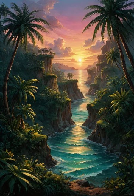 score_9, score_8_up, score_7_up, tropical island with palms, white sand and crystal waters, the setting sun creates an orange and pink sky, seagulss flying over the water and there's a hamok hanging between two palms, beautiful oil matte painting,romantic,style of thomas kinkade,beautiful digital painting,anime landscape,romantic painting,dreamlike digital painting,colorful painting,beautiful gorgeous digital art,style of greg rutkowski,janek sedlar,jenny saville