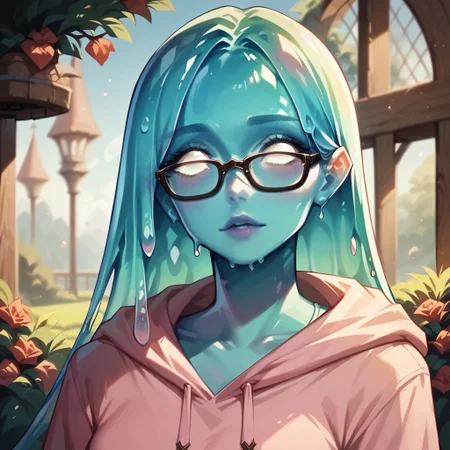 (((detailed, beautiful, high quality))), score_9, score_8_up, score_7_up, upper body,
slime, slime body, transparent body,
1 girl, blue skin, long hair, glasses, white eyes, pink hoodie, medieval hoodie,
looking at the viewer, posing, blurred background,