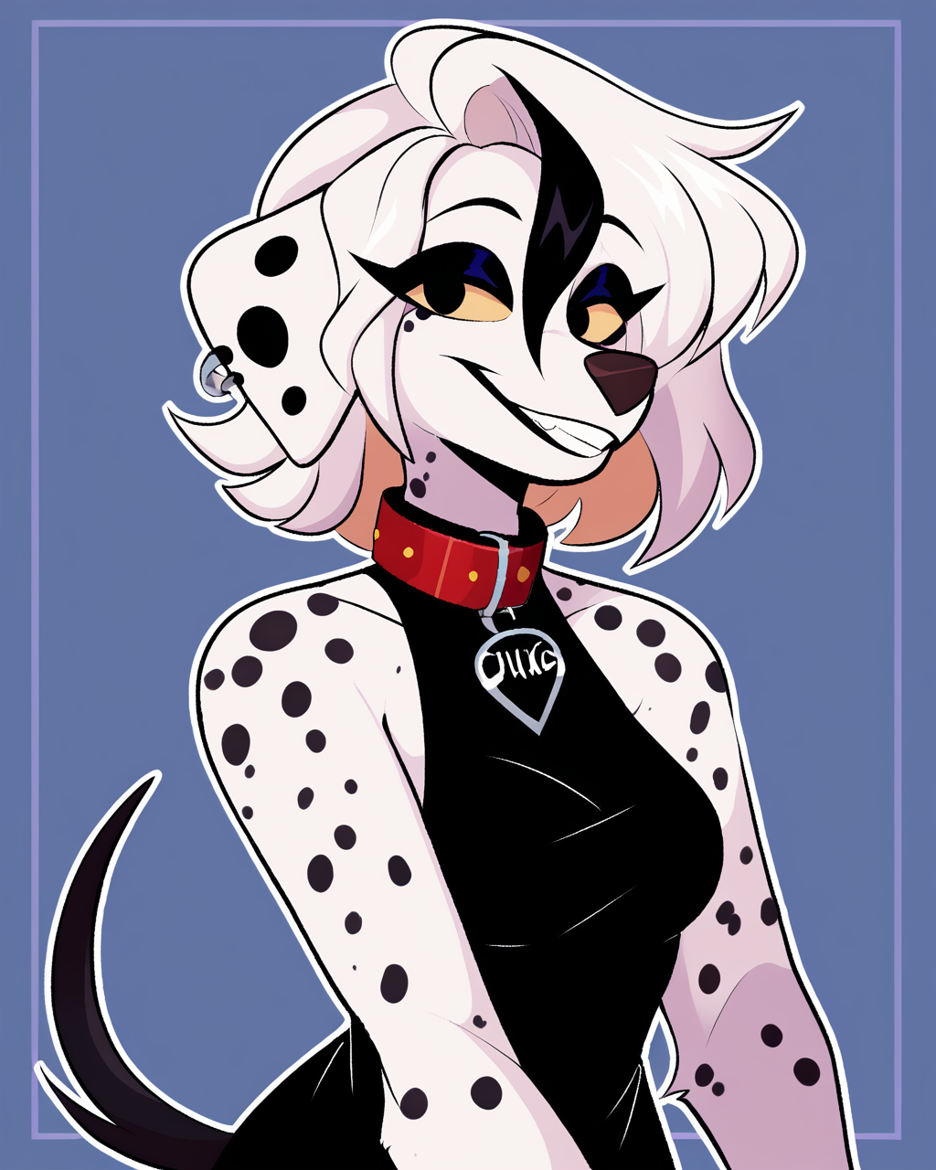 score_9_up, score_8_up, score_7_up, score_6_up, by remanedur, furry female, female, furry, ear piercing, colored sclera, black eyes, dalmatian, white hair, streaked hair, sleeveless dress, black dress,  multicolored hair, collar, tail, medium breasts, black eyeshadow, looking at viewer, smile, happy, head tilt, solo, three-quarter view, simple background, white outline, <lora:Leah_Pines(AIM)_XL_v1:0.15> <lora:PDXL_artist_tags_v2_big:0.5> <lora:The-Minuscule-Task_PDXL_v1.0:0.6>  <lora:Ouija_shutupjen:0.65>