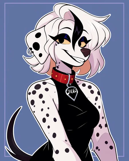 score_9_up, score_8_up, score_7_up, score_6_up, by remanedur, furry female, female, furry, ear piercing, colored sclera, black eyes, dalmatian, white hair, streaked hair, sleeveless dress, black dress, multicolored hair, collar, tail, medium breasts, black eyeshadow, looking at viewer, smile, happy, head tilt, solo, three-quarter view, simple background, white outline, <lora:Leah_Pines(AIM)_XL_v1:0.15> <lora:PDXL_artist_tags_v2_big:0.5> <lora:The-Minuscule-Task_PDXL_v1.0:0.6> <lora:Ouija_shutupjen:0.65>