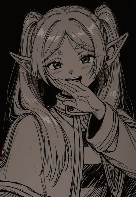 masterpiece, best quality, dark theme, 1girl, 1990s \(style\), 1994, traditional media, rough sketch, linear hatching, frieren, ojou-sama pose, laughing
