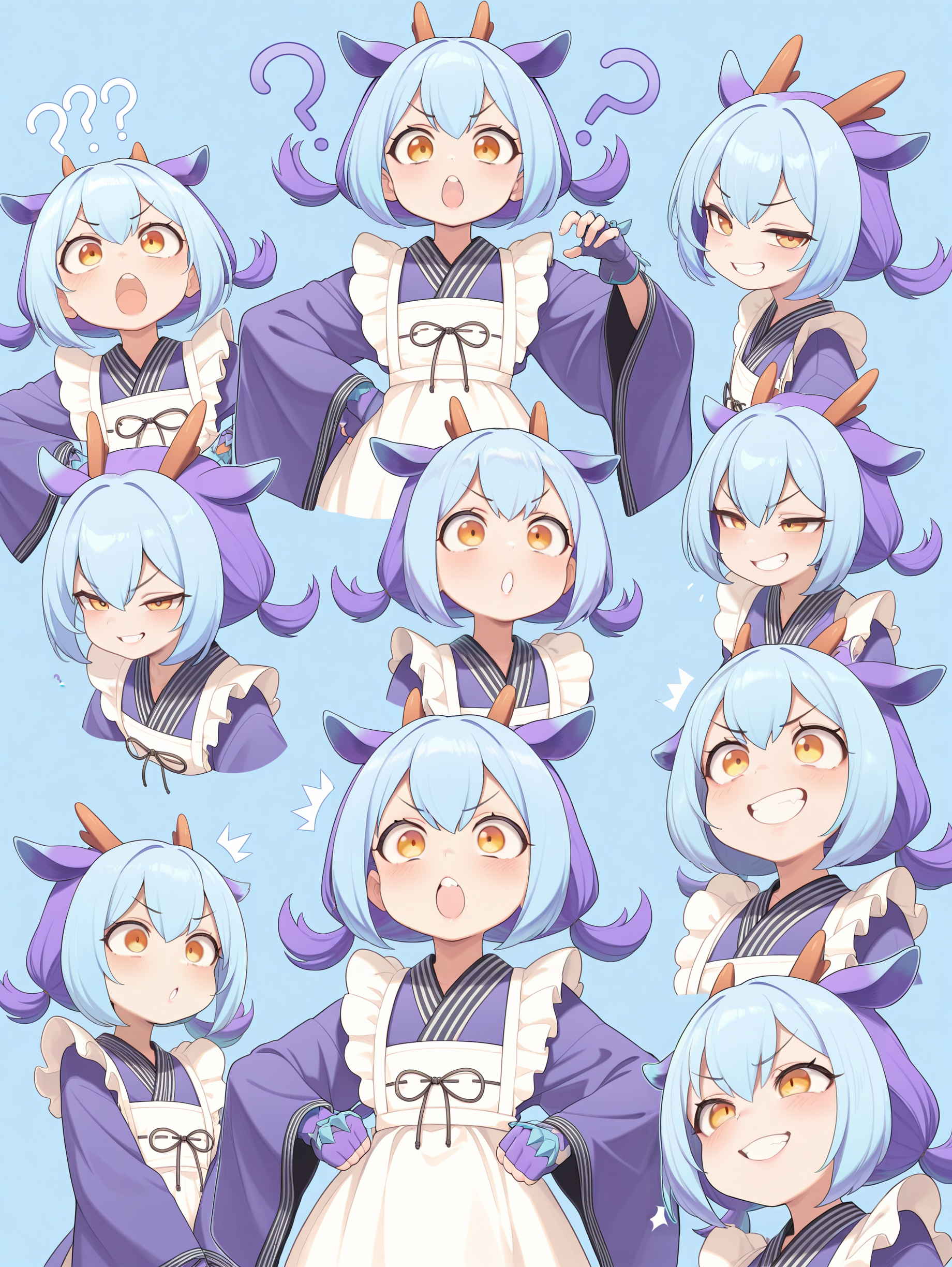 dragon girl,laundry dragonmaid,1girl,blue maid outfit,blue fingerless gloves,multiple views,blue background,v-shaped eyebrows,open mouth,??,^^^,clenched teeth,:o,evil smile,smug,o_o,
masterpiece,best quality,amazing quality,very aesthetic,apussbsurdres,newest,<lora:laundry dragonmaid & eldlich the golden lord illuXL v1:0.75>,