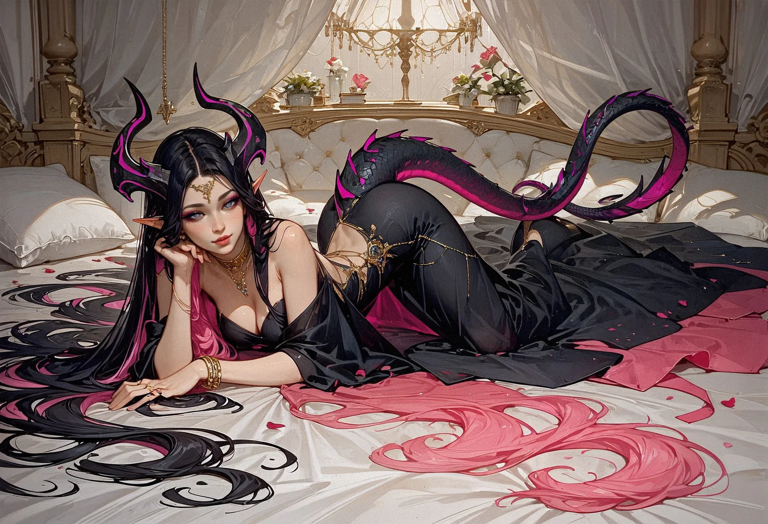 score_9, score_8_up, score_7_up, full body, girl, milky skin, Black hair, very long hair, straight hair, colored inner hair, (pink inner hair:1.5), grey eyes, moles, bedroom eyes eyes, COLORED EYELASHES, colored eyelashes, expressiveh, femme fatale, horns, scales, dragon tail, seductive, glossy lips, jewelery, long dress, black dress, gold collar, gold rings <lora:XL_wlop style(pony)-000060:0.32> <lora:Gothic Art 2 Style SDXL_LoRA_Pony Diffusion V6 XL:0.9><lora:Expressive_H-000001:1.0> <lora:colored_eyelashes:1.0>