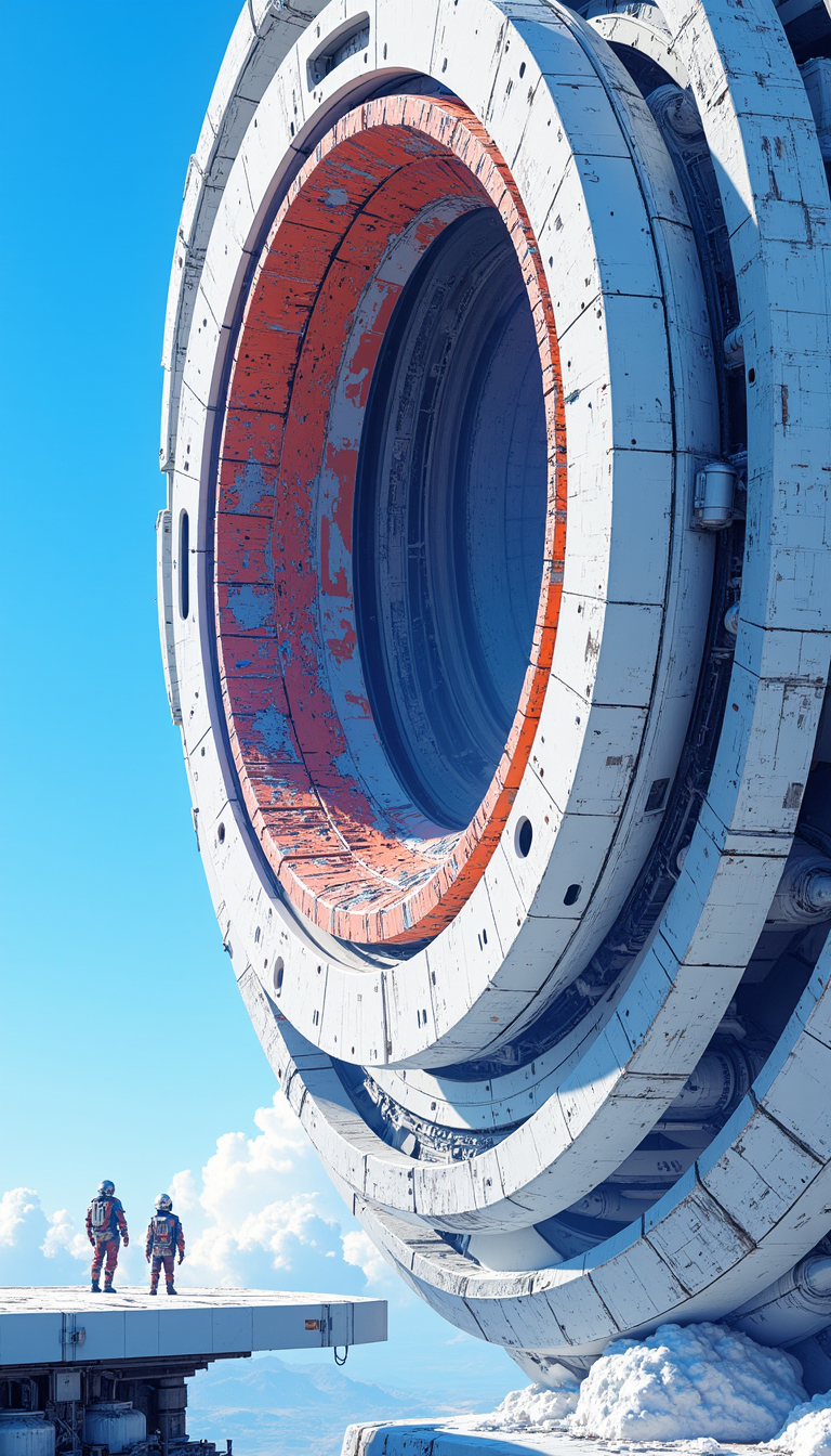 
 masterpiece, 4k, high quality, (best quality:1.1),
sharp photo of an abstract digital art piece that appears to be a close-up of a futuristic structure. The structure is made up of multiple layers of white and blue, with a large circular opening in the center. The opening is surrounded by a red and orange border. The edges of the opening are covered in small pieces of blue and white paint, creating a textured and chaotic appearance. The background is a bright blue sky. In the bottom left corner of the image, there are two people standing on top of a white platform, looking up at the structure. They are both wearing helmets and appear to be observing the view. The overall mood of the piece is one of awe and wonder., triumphant,. (Depth of field), low saturation,detail. perfect hands. 
,,sNOW wHITE,   ,,

mtms, expressiveh. GLSHS,
  
.,

 Otherworldly atmosphere.
(Depth of field), low saturation,detail. 