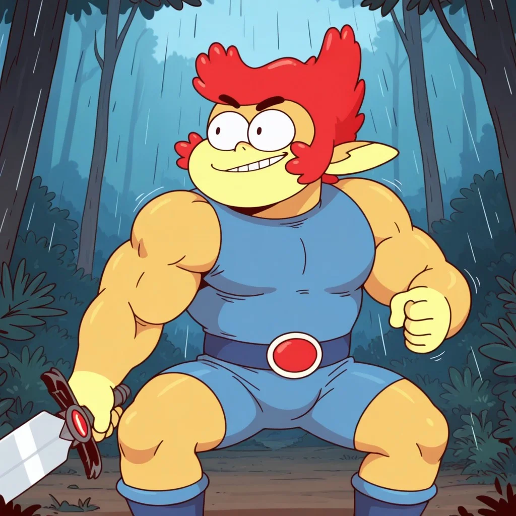 masterpiece, best quality, amazing quality, l1on0, male, furry male, humanoid, solo, yellow skin, two-tone skin, red hair, short hair, black eyes, pointed ears, sharp teeth, muscular, blue outfit, blue belt, red buckle, blue boots, fight stance, holding sword, determined smirk, outdoors, aztec structure, forest, rain
