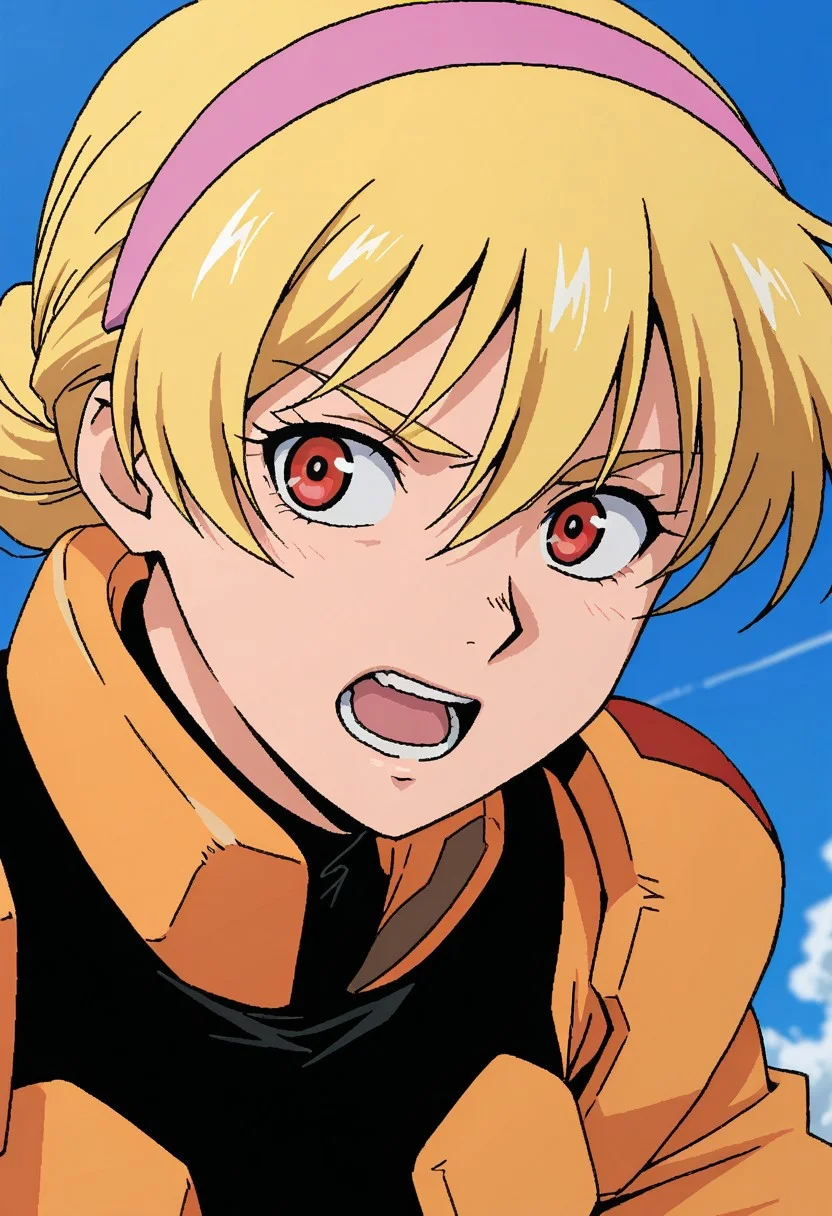 masterpiece, best quality, 32k, high resolution, absurdres, zanscare empire pilot suit, oekaki, red eyes, teeth, pink hairband, sky, hair bun, portrait, anime coloring, open mouth, looking to the side