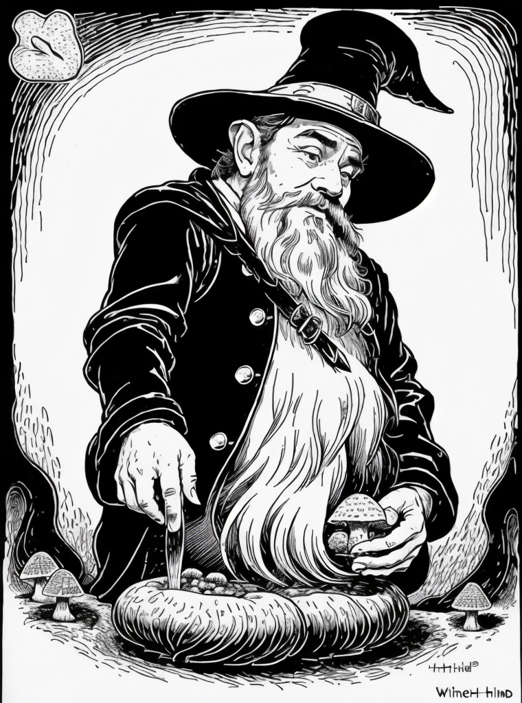 dwarf man holding a mushroom looting at mushroom happy, 2d, (black and white:1.3), clean line, (white background), Perfect hands, <lora:Tattoo_gen:0.4>  <lora:fantasyV1.1:0.6>, art by Al Hirschfeld