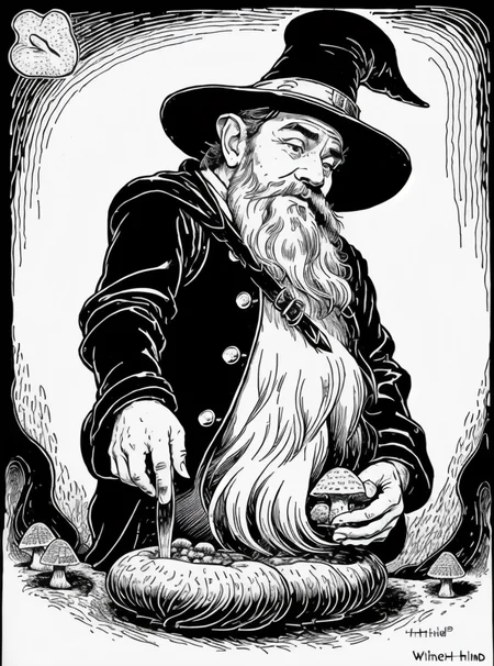 dwarf man holding a mushroom looting at mushroom happy, 2d, (black and white:1.3), clean line, (white background), Perfect hands, <lora:Tattoo_gen:0.4> <lora:fantasyV1.1:0.6>, art by Al Hirschfeld