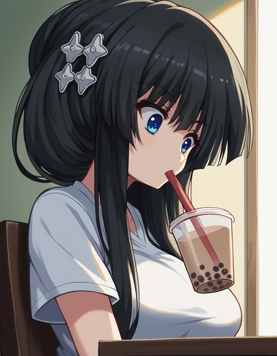 score_9, score_8_up, score_7_up, source_anime, <lora:senka-yorozu-s1-ponyxl-lora-nochekaiser:1>, senka yorozu, long hair, blue eyes, black hair, hair ornament, very long hair, large breasts,, <lora:bubble-tea-challenge-ponyxl-lora-nochekaiser:1>, bubble tea challenge, bubble tea, object on breast, drinking straw, drinking straw in mouth, drinking, cup,, indoors, sitting, looking down, , cowboy shot, dutch angle,