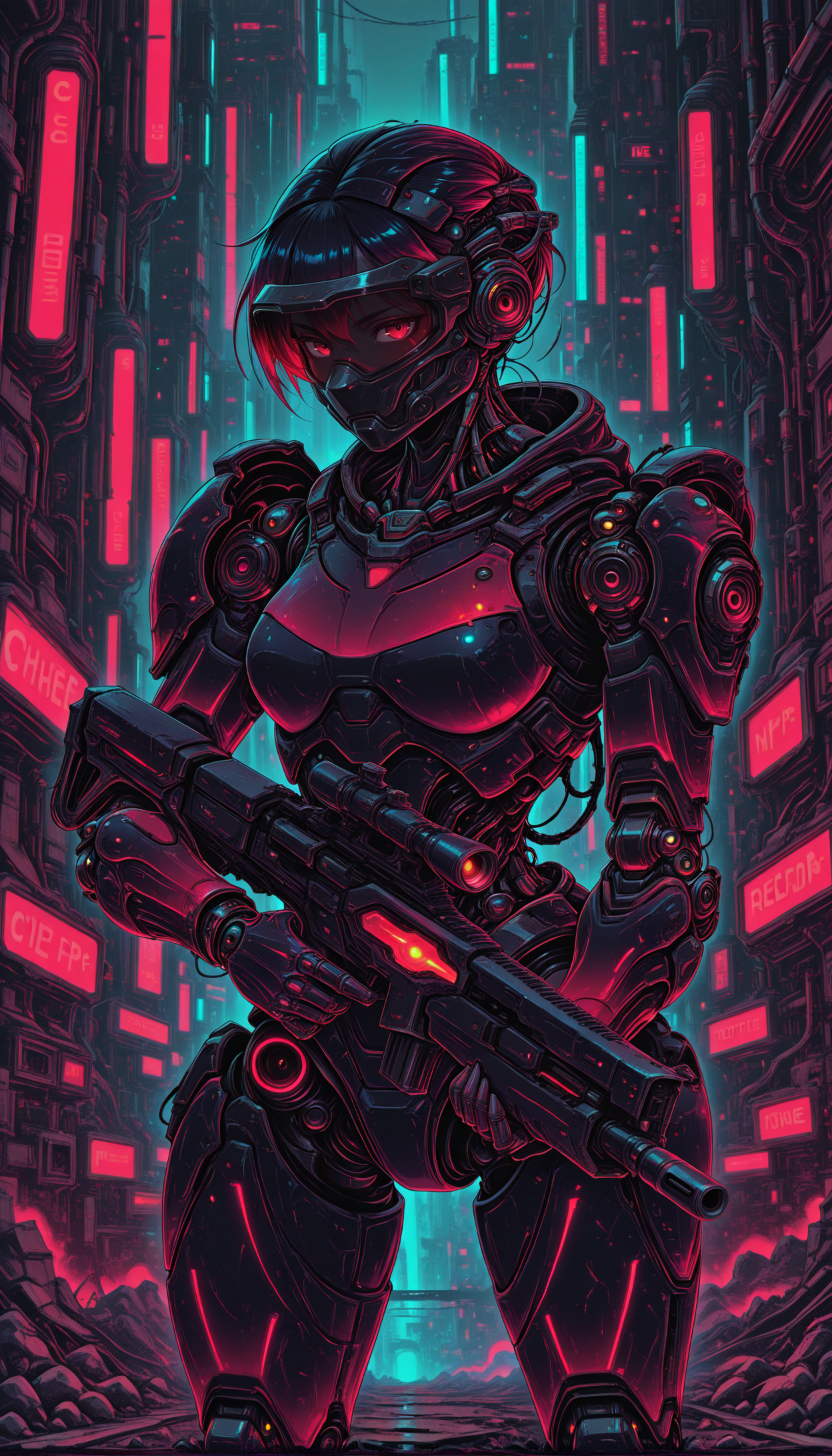 1girl, black and red armor, cybernetic sniper, targeting visor, mechanical joints, ruined city, industrial setting, energy rifle, urban decay, science fiction, sharp eyes, tactical gear, stealth pose, glowing accents, dystopian masterpiece, best quality, amazing quality, very aesthetic, absurdres, detailed eyes, newest, pinkneoncybercore, <lora:PinkieNeonCybercoreIL:1>,