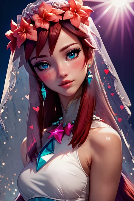 score_9, score_8_up, score_8, medium breasts, (curvy), cute, eyelashes, BREAK, , zzMelody, dress, bridal veil, sleeveless, <lora:Melody_Pokemon_PDXL:1.0>, , BREAK, (ultra realistic,32k, masterpiece:1.2),(high detailed skin:1.1),( high quality:1.1), curvy, head tilt, hearts, blush, lips, curvy, head tilt, shiny clothes, (upper body), looking at viewer, bokeh, luminescent background, embedding:zPDXL, Expressiveh, <lora:RlAnmPDXL:1.0>,