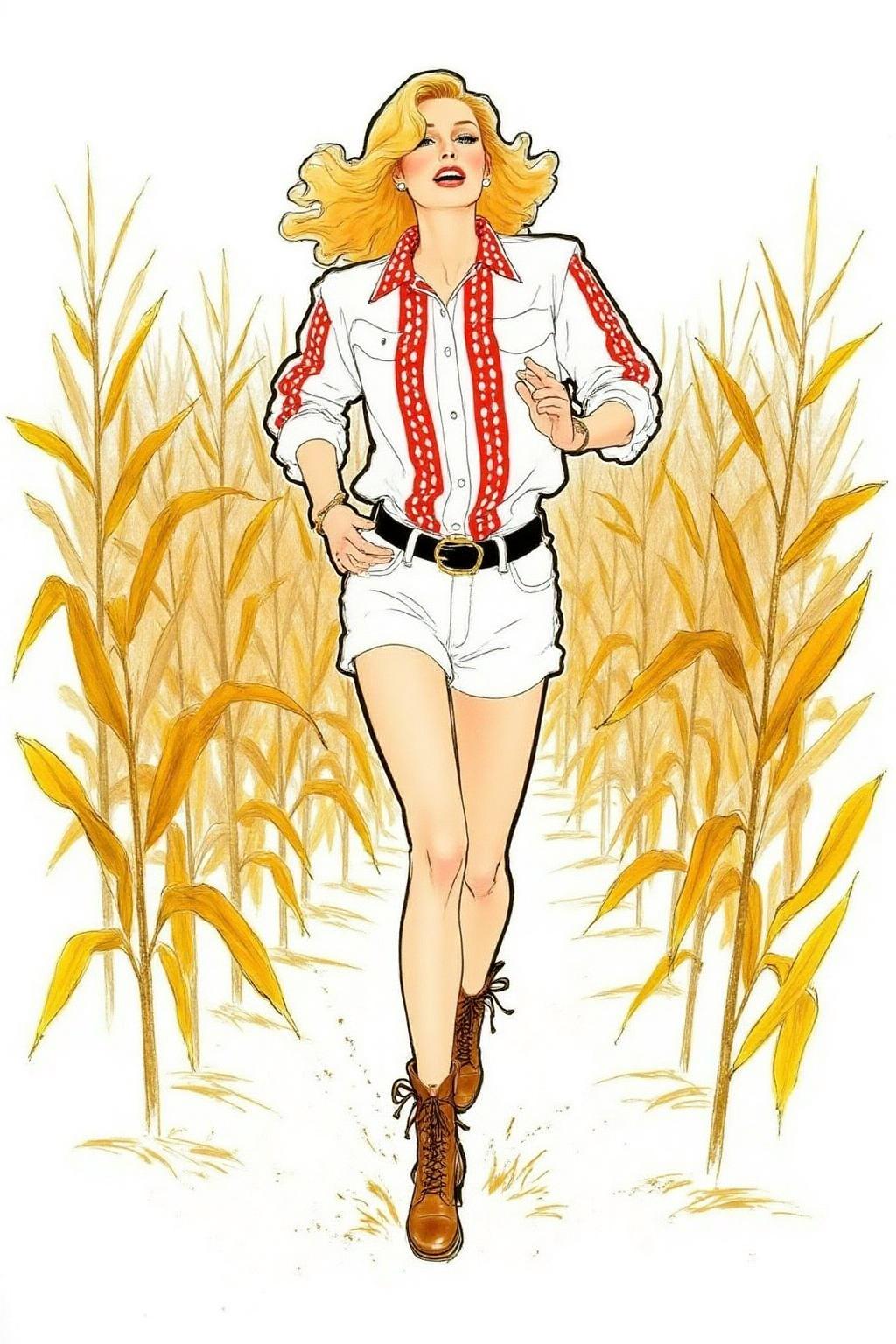 regr1 sketch of A blonde cowgirl in white short shorts running in a corn field, background is stark white <lora:regr1_fashion_nocap_d6a3:1.0><lora:807334224207229964:0>