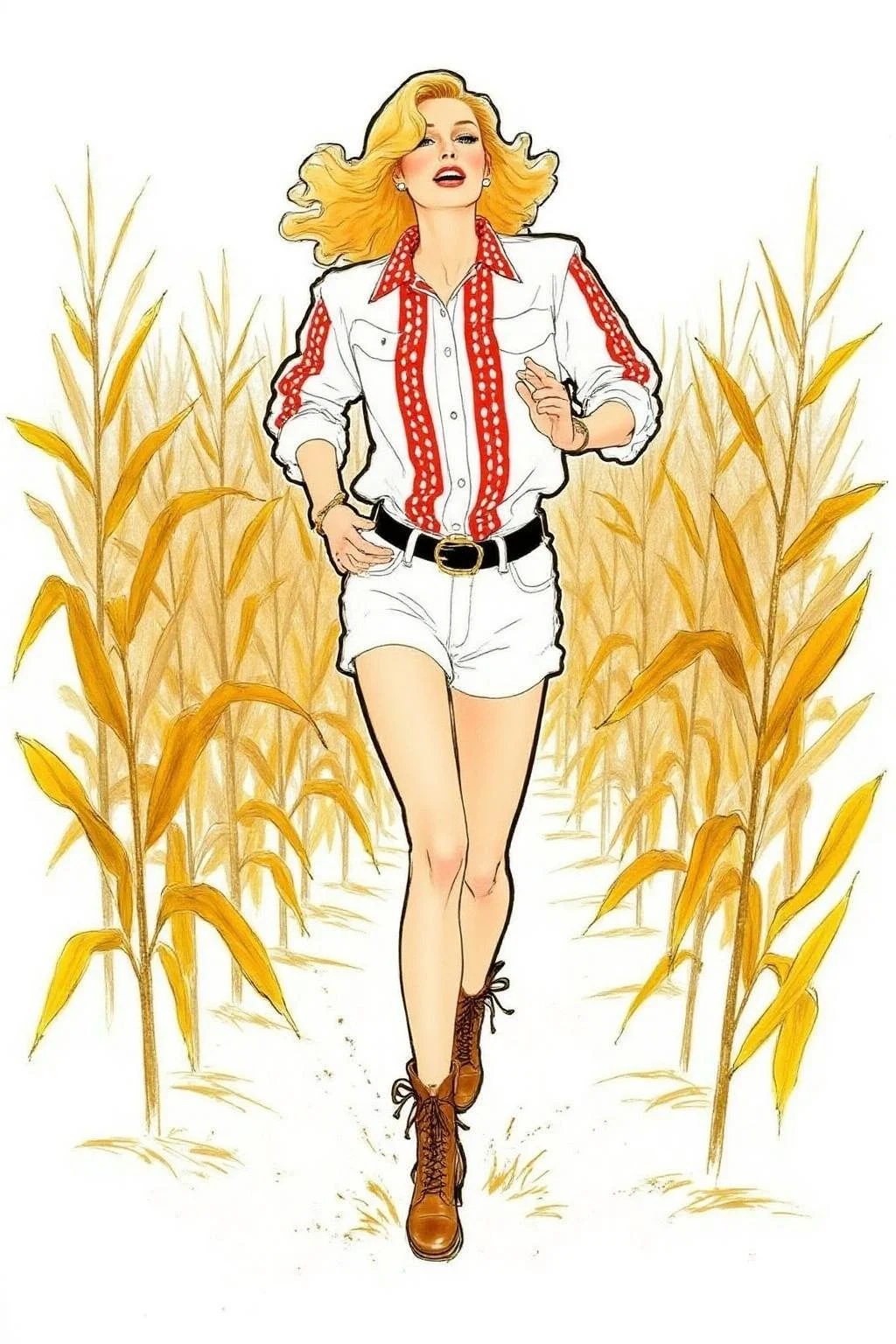 regr1 sketch of A blonde cowgirl in white short shorts running in a corn field, background is stark white <lora:regr1_fashion_nocap_d6a3:1.0><lora:807334224207229964:0>